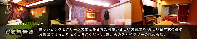 お部屋情報：優しいピンクとグリーンでまとめられた可愛いらしいお部屋や、珍しい日本式の畳のお部屋でゆったりおくつろぎください。窓からのスカイツリーの眺めも◎。